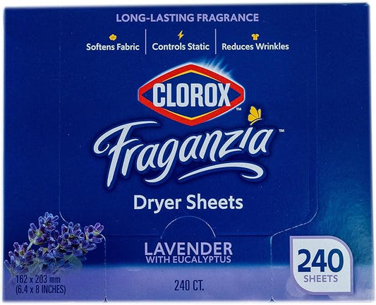 Clorox Fraganzia Fabric Softener Dryer Sheets, Lavender Scent - Wrinkle Reducing Scented Softening Laundry Dryer Sheets for Great Smelling Clothes, 240 Count