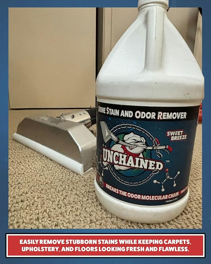 Unchained Urine Stain & Odor Remover – Enzyme Cleaner for Dog & Cat, Pet Odor Eliminator on Carpet & Furniture, Industrial Strength Urine & Feces Neutralizer, Sweet Breeze – 1Gallon