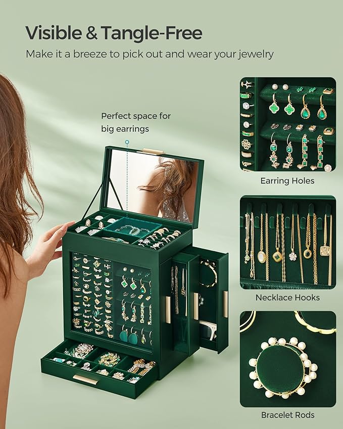 SONGMICS Jewelry Box with Glass Window, 5-Layer Jewelry Organizer with 3 Side Drawers, Jewelry Storage, with Big Mirror, Modern, 6.1 x 10.3 x 12.6 Inches, Forest Green and Metallic Gold UJBC162C01