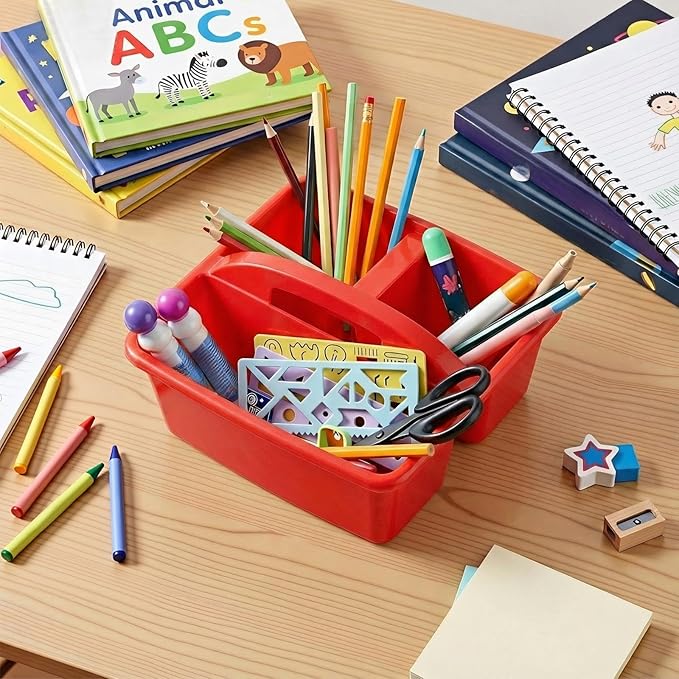 Kathfly 8 Pack Caddy Organizer with Handle, Stackable Organization Storage, Small Plastic Basket Classroom Caddy for Table Desk Office Pencil Kids Room Craft Art Teacher School Supplies (Blue Red)
