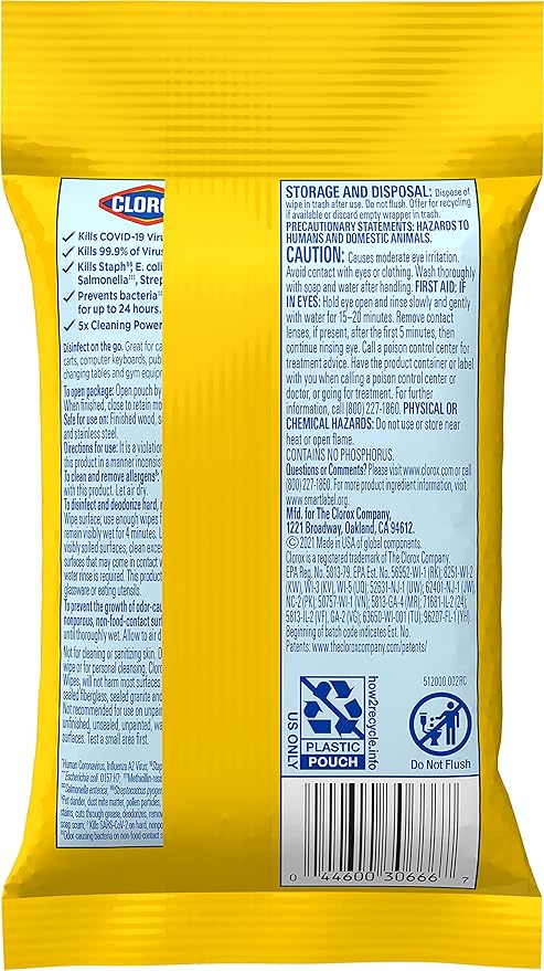 Clorox Disinfecting Wipes On The Go Travel Wipes, Dorm Room Essentials, Crisp Lemon, 9 Count (Package May Vary)