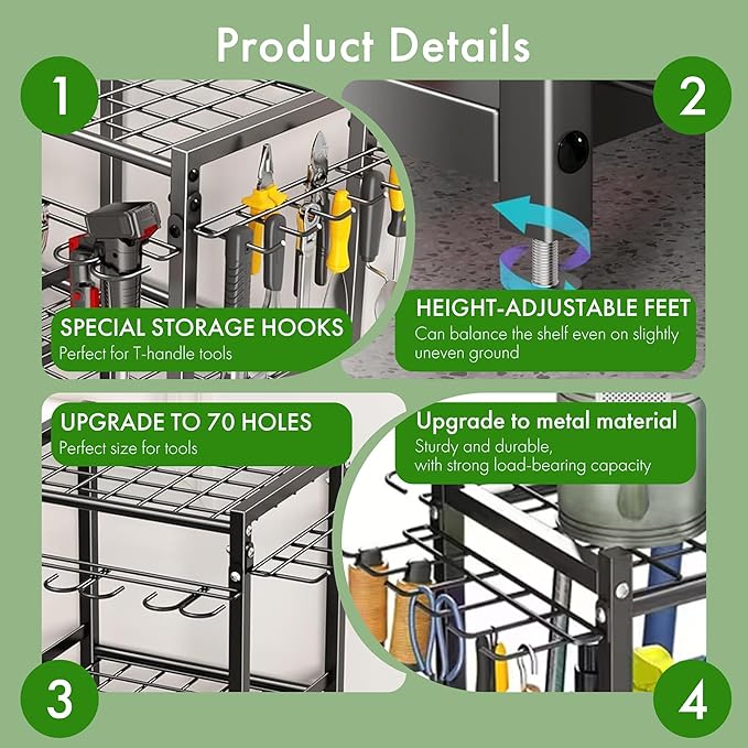 Garden Tool Organizer - 70-Hole Garage Storage Rack with Adjustable Feet & T-Handle Hooks, Broom/Mop Holder for Yard, Shed, Multi-Scene Use, No-Tool Assembly，Rack for Garage Organization Black