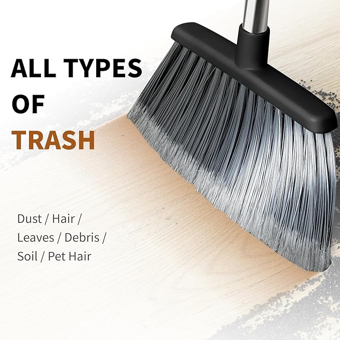 Broom, Outdoor Brooms for Sweeping Indoor, Adjustable 55" Pet Hair Removal Heavy Duty Broom for Floors Home Kitchen Garage Commercial Patio Industrial Snow (Black)