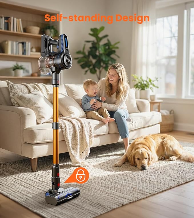 NADALY Cordless Vacuum Cleaner, Powerful Stick Vacuum with 45min Runtime, Anti-Tangle Self-Standing Vacuum Cleaners for Home, 8-in-1 Lightweight Vacuum for Hardwood Floor/Carpet/Pet Hair, Bronzed Gold