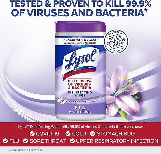 Lysol Disinfectant Wipes, Multi-Surface Antibacterial Cleaning Wipes, Dorm Room Essentials For Disinfecting and Cleaning, Early Morning Breeze, 80 Count (Pack of 6)