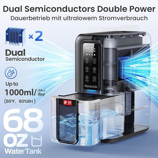 Dehumidifiers for Bathroom with Moisture Absorber Bag Reusable, 68 OZ Water Tank Portable Quiet Dehumidifier for Bedroom with Auto Shut Off, 7 Colors LED Light for Home, RV, Garage, apartment, Black