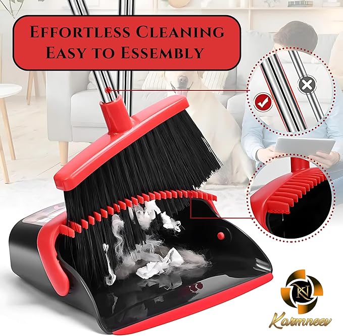 Standing Broom and Dustpan Set, Built-in Scraper Teeth, No-Slip Grip, Dust Collection Tray for Home, Office, Lobby, and Outdoor, Adjustable Handle from 38.18" to 52" (Black and Red)