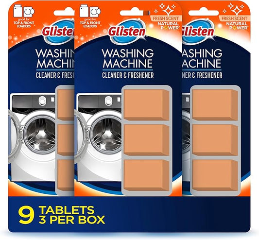 Glisten Washing Machine Cleaner and Freshener Deodorizer for All Top Load and Front Load Washers and HE Machines, Made in the USA, Fresh Scent, 9 Tablets
