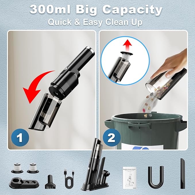 Handheld Vacuum Cordless,10KPA Powerful Suction Car Vacuum with 2-Speed, Vacuum Cleaner with Charging Dock, Portable Lightweight 4-in-1 Mini Hand Held Vacuum for Car Home Pet Office and Pet Hair