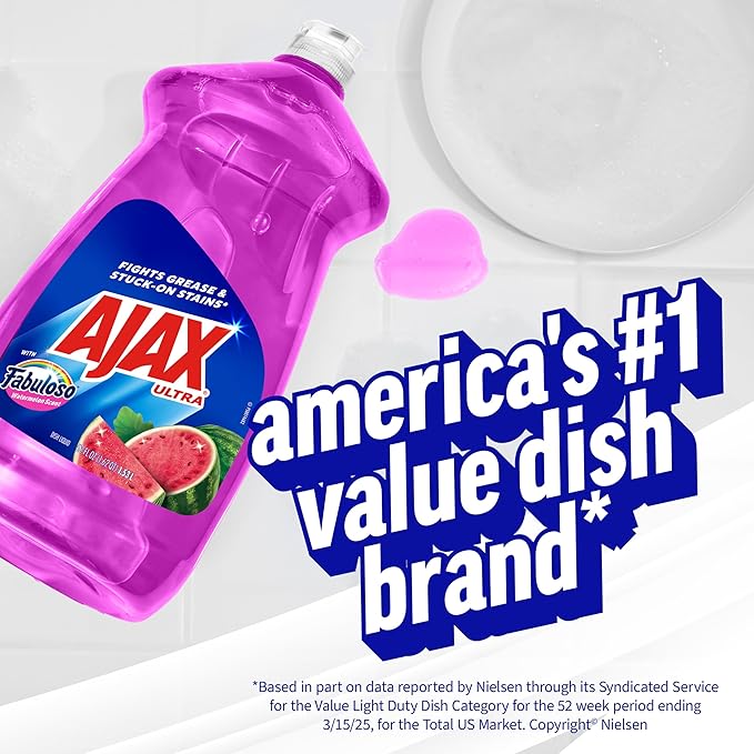 Ajax Ultra Liquid Dish Soap with Fabuloso Watermelon Scent, Fights Grease and Stuck-On Stains, Deep Cleaning Action, Mess-Free, Easy-Flip Cap, 52 fl oz Bottle