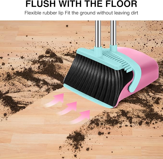 Broom and Dustpan Set, 52-in Long Adjustable Handle Broom Dustpan Combo with Dust pan Teeth to Automatically Clean Hair Suitable for Home Kitchen Office Hall Floor (Pink&Blue), 2 Pack