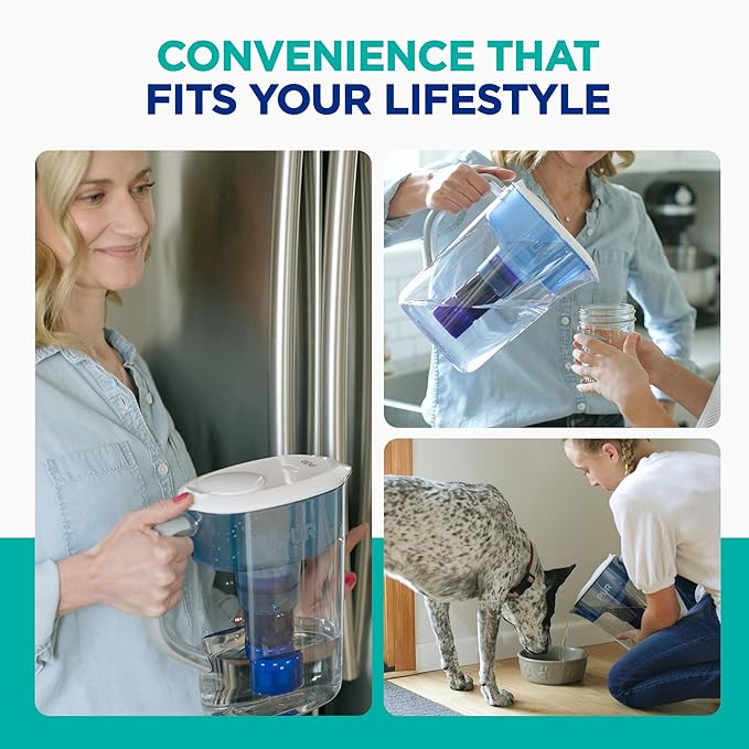 PUR Plus 7-Cup Water Filter Pitcher for Fridge, Cleaner, Great-tasting Water, Dishwasher Safe, Powerful Filtration, Change Light Indicator, LockFit Cap Design, White