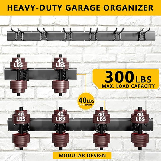 Garage Tool Organizer Wall Mount, 48inch Heavy-Duty Garage Storage System and Garden Tool Organizer with 6 Adjustable Double Hooks for Shovel, Snowboard, Yard Tools and Shed