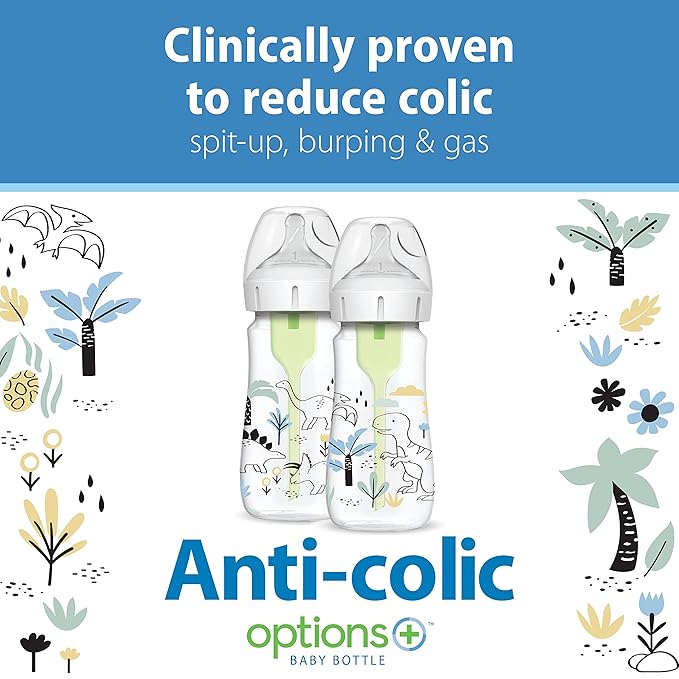 Dr. Brown's Anti-Colic Options + Wide-Neck Baby Bottle Designer Edition Dino Decos, 9oz/270mL, Level 1 Slow Flow Nipple, BPA-Free, 0m+, 2-Pack