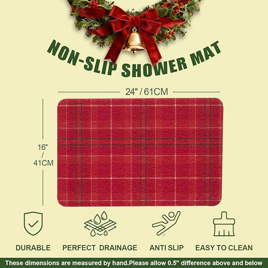 Christmas Non-Slip Bathtub Mat, Anti Slip Shower Mat, Fast Drying Bathtub Mats, Foot Scrubber Mat, Anti Slip Mat for Tub, Floor, Bathroom, Kitchen, Home, Hotel (Holiday Plaid, 24"x16")