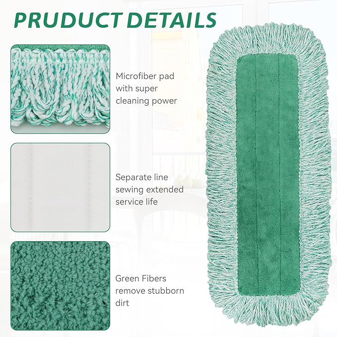 Commercial Products Dust Pad with Fringe for Rubbermaid 18” - 18 Inch Green Microfiber Dust Mop Refills Heavy-Duty Cleaning for Hardwood/Tile/Laminated Floors in Kitchen/Lobby/Office (6 Counts)
