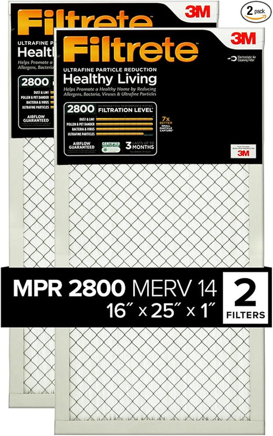 Filtrete 16x25x1 Air Filter, MPR 2800, MERV 14, Healthy Living Ultrafine Particle Reduction 3-Month Pleated 1-Inch Air Filters, 2 Filters, White