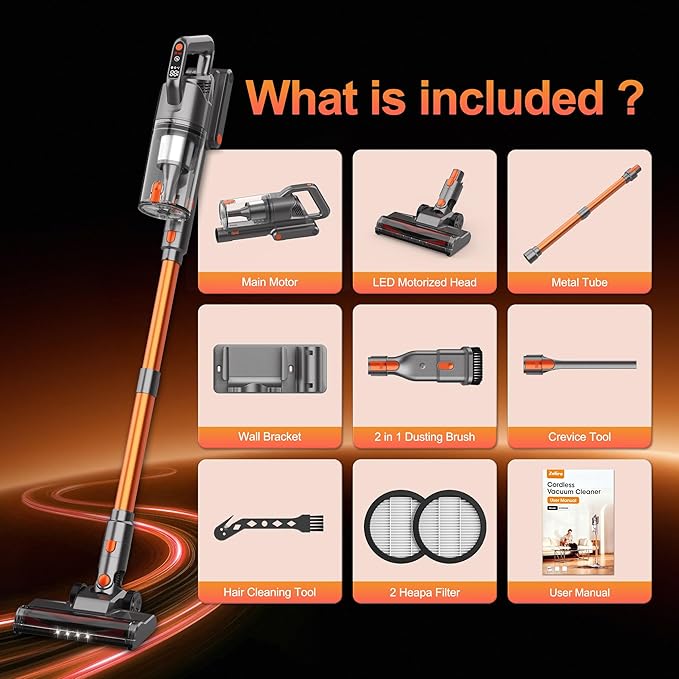 Zefiro Cordless Vacuum Cleaners for Home,600W/50KPA, 55 Mins Runtime Battery Stick Vacuum Rechargeable with Anti-Tangle Brush, 1.5L Cup Vacuum for Pet Hair/Carpet/Floor