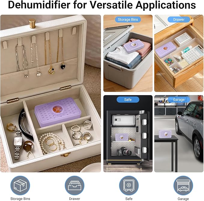 Auto Power-off USB C Rechargeable Cordless Dehumidifier Desiccant,Electric Moisture Damp Rid Silica Gel Packets for Storage Totes Jewelry Display Cabinet Guitar Case Drawer Photo Album Document-Purple