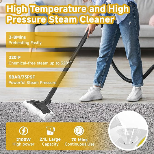 Steam Cleaner,Multipurpose Neat Canister Steamer with 21 Accessories, 5 Mins Heating with 1.5L Tank,Rolling Cleaning Machine for Carpet, Floors,Windows,Mirrors,Glass and Cars (White3)