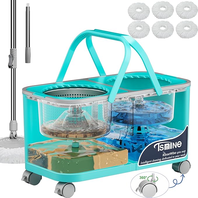 Easy-Use Spin Mop for Cleaner, Controlled Rinsing, Clean & Dirty Water Separation Mop Bucket for Pet & Family Homes,360° Swivel Wheels, Safe for Hardwood & Tile, Adjustable Handle,6 Reusable Mop Heads