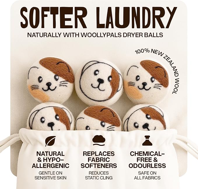 WoollyPals Wool Dryer Balls (6-Pack, XL Size)- 100% New Zealand Organic Wool - Sustainable & Eco-Friendly - Dry 1,000 Loads, Replaces Dryer Sheets, Reduces Static Cling, Reusable (Multi Colour)
