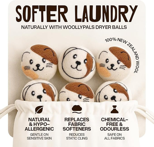 WoollyPals Wool Dryer Balls (6-Pack, XL Size)- 100% New Zealand Organic Wool - Sustainable & Eco-Friendly - Dry 1,000 Loads, Replaces Dryer Sheets, Reduces Static Cling, Reusable (Multi Colour)