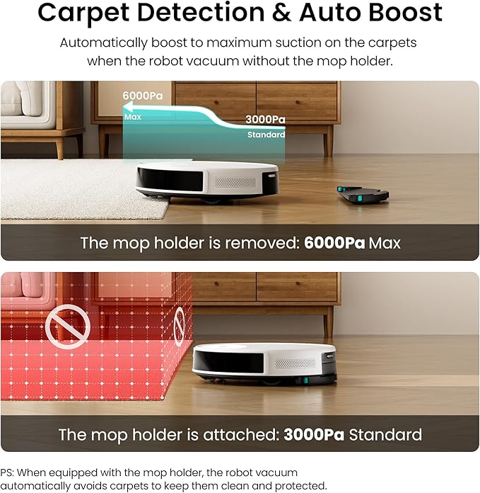 Lefant M350 Robot Vacuum and Mop Combo, 40-Day Self-Emptying, 190° PSD Obstacle Avoidance,6000Pa Suction，Quiet,Smart Navigation,Self-Charging, for Hard Floor, Carpet, Pet Hair,150 Min Runtime.White