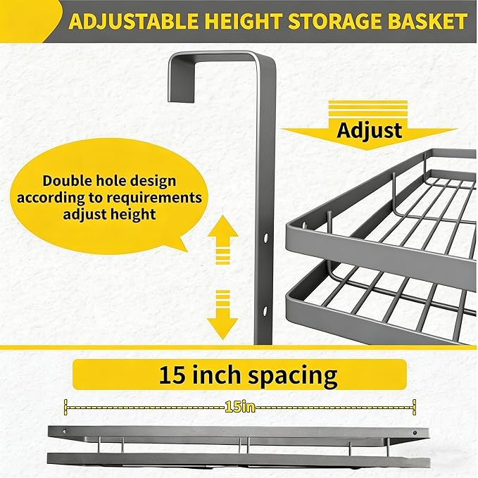 Broom Holder Door Mount,Door Mounted Broom and Mop Holder with Dual Tool Hooks, Three Slots, and One Tool Storage Basket For Laundry Room, Garage, Closet, warehouse, Kitchen Decor (gray)