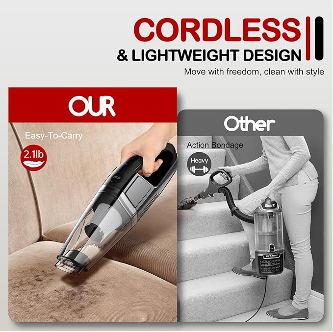 Handheld Vacuum Cordless 8000PA, Car Vacuum Portable Cordless 30 Mins Runtime & Under 70dB Quiet, Hand Held Vacuum Cleaner, 1.4lbs Hand Vacuum Cordless for Car/Home/Office, Pet Hair