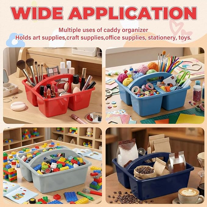 Kathfly 12 Pack Caddy Organizer with Handle, Stackable Organization Storage, Small Plastic Basket Classroom Caddy for Table Desk Office Pencil Kids Room Craft Art Teacher School Supplies (Blue Red)
