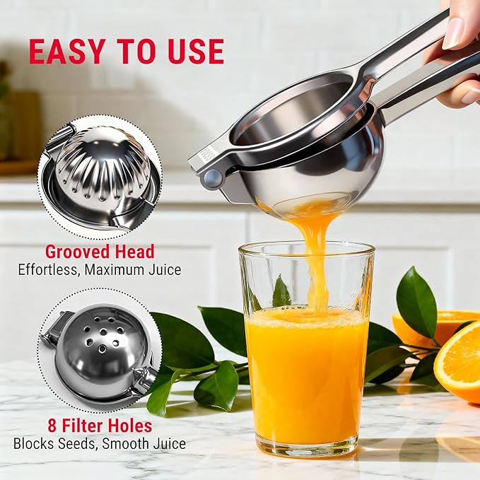 ThermoPro Lemon Lime Squeezer, 304 Stainless Steel Hand Press Citrus Juicer with Grooved Bowl & 8 Filter Holes, Heavy-Duty Hinged Handle, High Juice Yield, Easy to Use & Dishwasher Safe