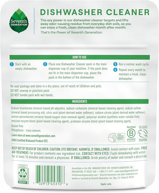 Seventh Generation Dishwasher Cleaning Packs 6 Count Free & Clear Removes odor-causing residue Powered by oxy power