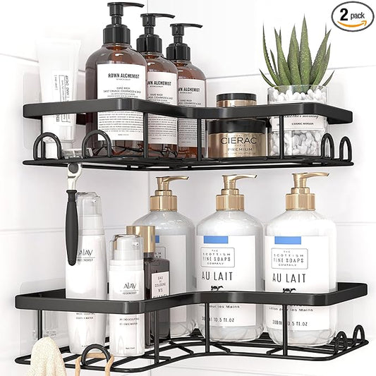 Corner Shower Caddy - 2 Pack, Adhesive Shower Organizers, Rustproof Stainless Steel Shower Shelves with 8 Hooks, No Drilling Bathroom Organizers and Storage Racks, Space-Saving, Black, Medium