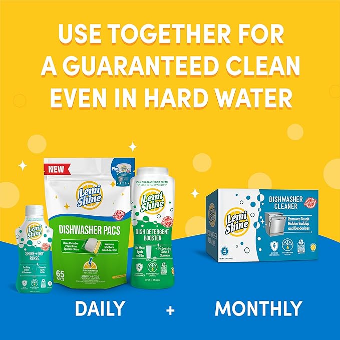 Lemi Shine Natural Dishwasher Detergent Pacs with Dishwasher Cleaner Pouch - Eco Friendly Cleaning Supplies - 31.8 oz (65 Count)