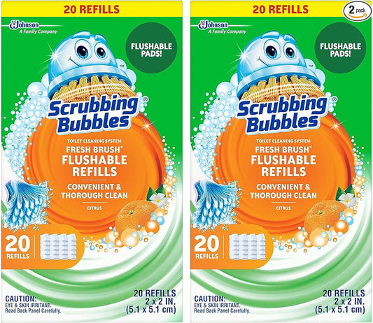 Scrubbing Bubbles Flushable Toilet Bowl Wand Cleaner Refills, Fresh Brush Cleaner Toilet Refill Pads, Removes Limescale & Odors, Citrus Scent, 20 Count (Pack of 2)
