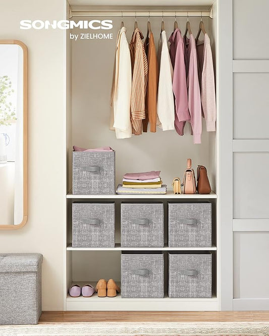 SONGMICS Storage Cubes, 11-Inch Non-Woven Fabric Bins with Double Handles, Set of 6, Closet Organizers for Shelves, Foldable, for Clothes, Taupe UROB026K01