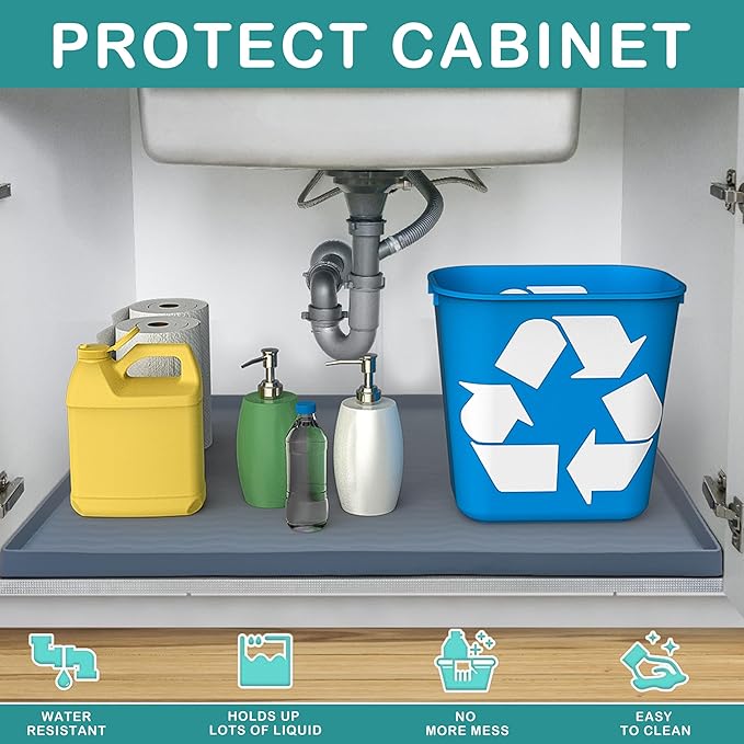 URMONA Waterproof Silicone Under Sink Mat 22'' x 19'' Shelf Liner for Kitchen and Bathroom, Cabinet and Counter Protector, Storage and Organizers, Litter Mat, Pet Cat Puppy Essentials(Khaki)