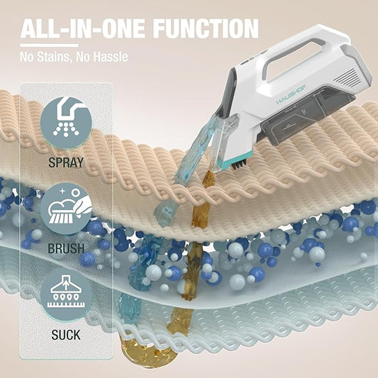 HAUSHOF Handheld Carpet Cleaner, 12V Cordless Portable Carpet Cleaner, 6.5KPa Spot Cleaner with 2 Water Tanks, Type-C Charge, Spot & Stain Cleaner, Handheld Upholstery Cleaner for Stairs, Car