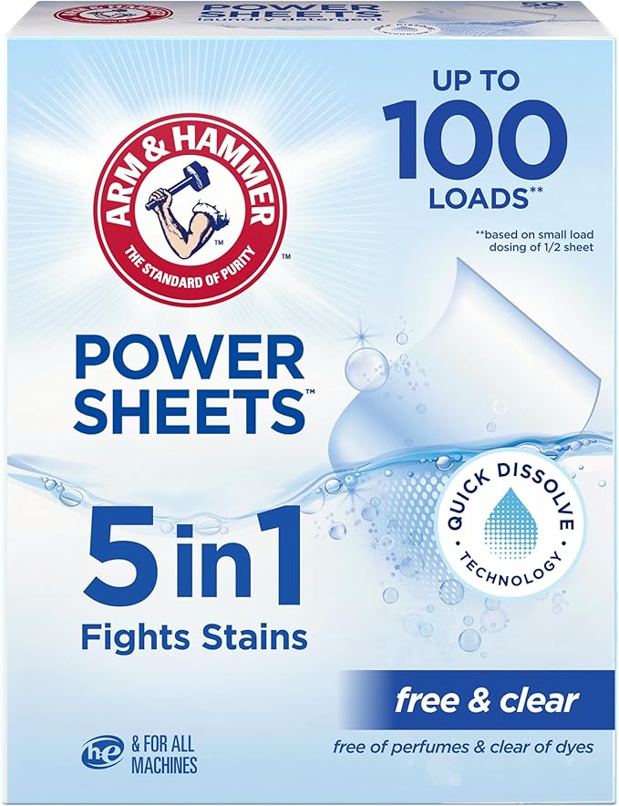 ARM & HAMMER 5-in-1 Power Sheets Laundry Detergent, Free & Clear, 50 Count, up to 100 Small Loads
