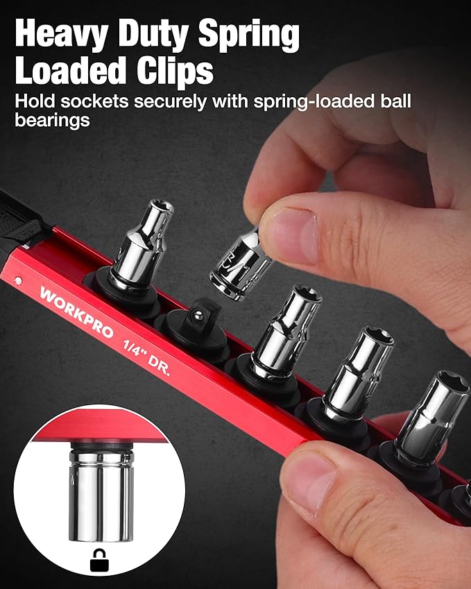 WORKPRO Magnetic Socket Organizer Set, 1/2" 3/8" 1/4" Drive Aluminum Alloy Socket Holder with Removable Socket Clip for Quick Customization, 3PC Socket Rail for Tool Box Drawer (Socket Excluded)