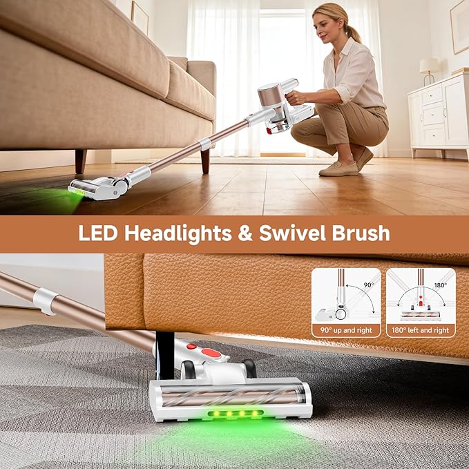 Cordless Vacuum Cleaner, 500W/40Kpa Vacuum Cleaners for Home, Stick Vacuum Cordless with LED Display, Anti-Tangle & Wall Mount, 8 in 1 Lightweight Vacuum for Hard Floors Pet Hair(Gold)