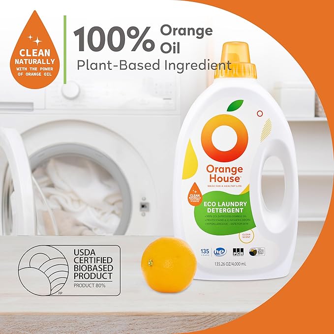 Orange House Liquid Laundry Detergent, Free and Clear, Natural Clean Laundry Detergent, Made of Orange Oil, Hypoallergenic Liquid Detergent No Harmful Chemical, 135.3 Fl Oz, HE & Standard Machine