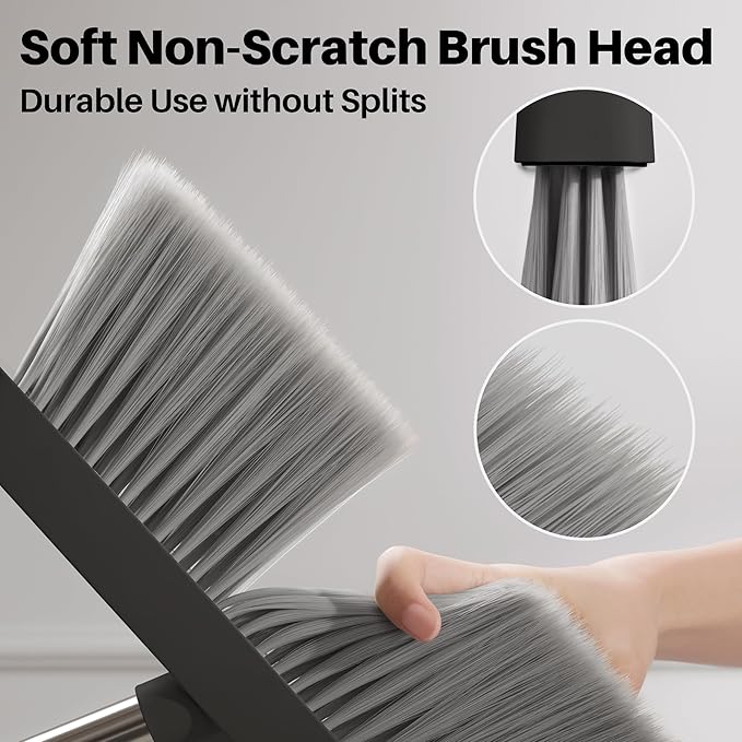 JOYMOOP Black Broom and Dustpan Set, Upright Angle Design with Built-in Comb Teeth for Home, Office, Hardwood Floors, Pet Hair