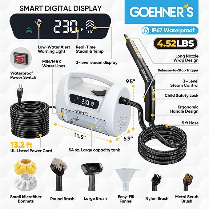 2026 Upgraded Handheld Steam Cleaner, 230°F/3.5 Bar High-Pressure Portable Hand Held Steamer for Home & Car, 30s Heat-Up, Chemical-Free Deep Cleaning for Kitchen, Bathroom, Grout & Car Detailing-White