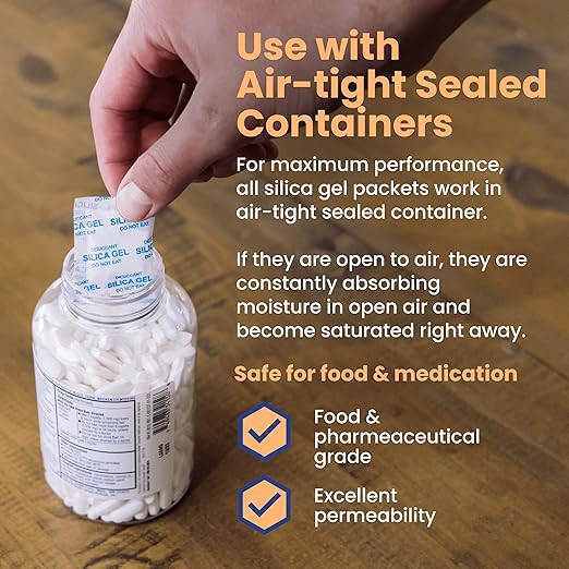 Wallaby 2 gram (100 Packets) Food Safe Pure White Silica Gel Desiccant Dehumidifier Packs - Rechargeable & Coated Moisture Absorbers - Protects Against Moisture Damage - (Packed in 20x Sets of 5)