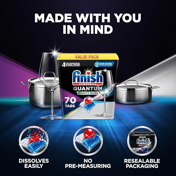 Finish Quantum Infinity Shine Dishwasher Pods, No Pre-Rinse Dishwasher Detergent Soap Removes 24HR Dried-On Stain and Grease, Leaving a Virtually Spotless Shine, 70 Count