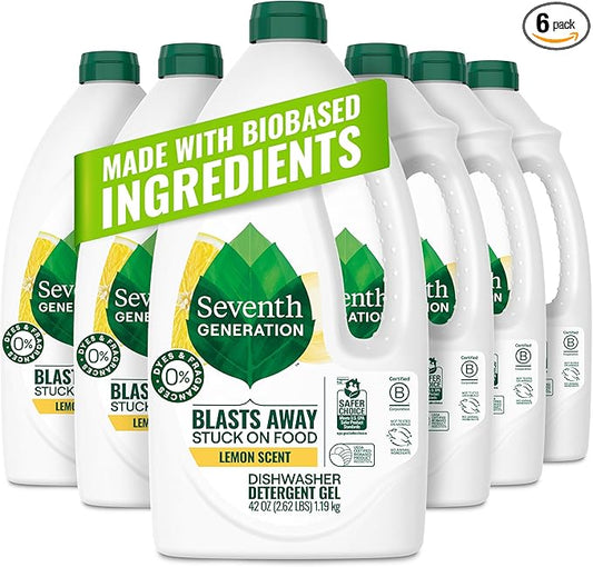 Seventh Generation Dishwasher Detergent Gel Liquid Soap Lemon Scent Dish Detergent 42 oz, Pack of 6