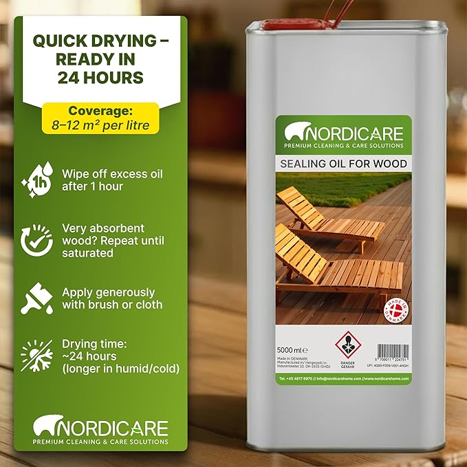 Nordicare Sealing Wood Oil for Outdoor Garden Furniture - Teak Oil for Wood Outdoor Furniture - Suitable for All Outdoor Types of Wood, for Wood Exterior Protection - Easy to Apply 170 Oz