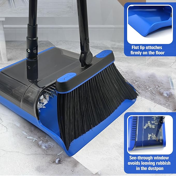 JEHONN Broom and Dust Pan, Upgraded Large Foldable Dustpan with Comb Teeth, 53.5 inches Long Handle Swivel Brush Indoor for Home Kitchen Lobby Floor Cleaning (Blue)